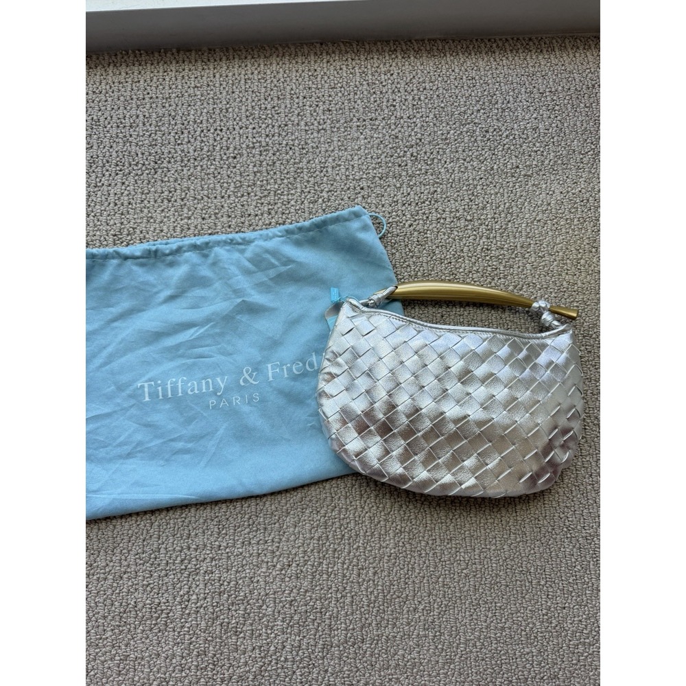 Tiffany & Fred Paris Silver Woven Leather Top Handle Clutch Bag Women's